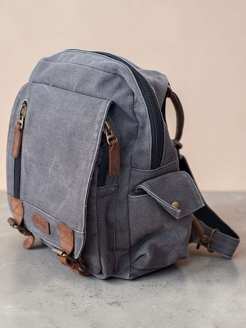 Canvas Gray Backpack with Leather Accents